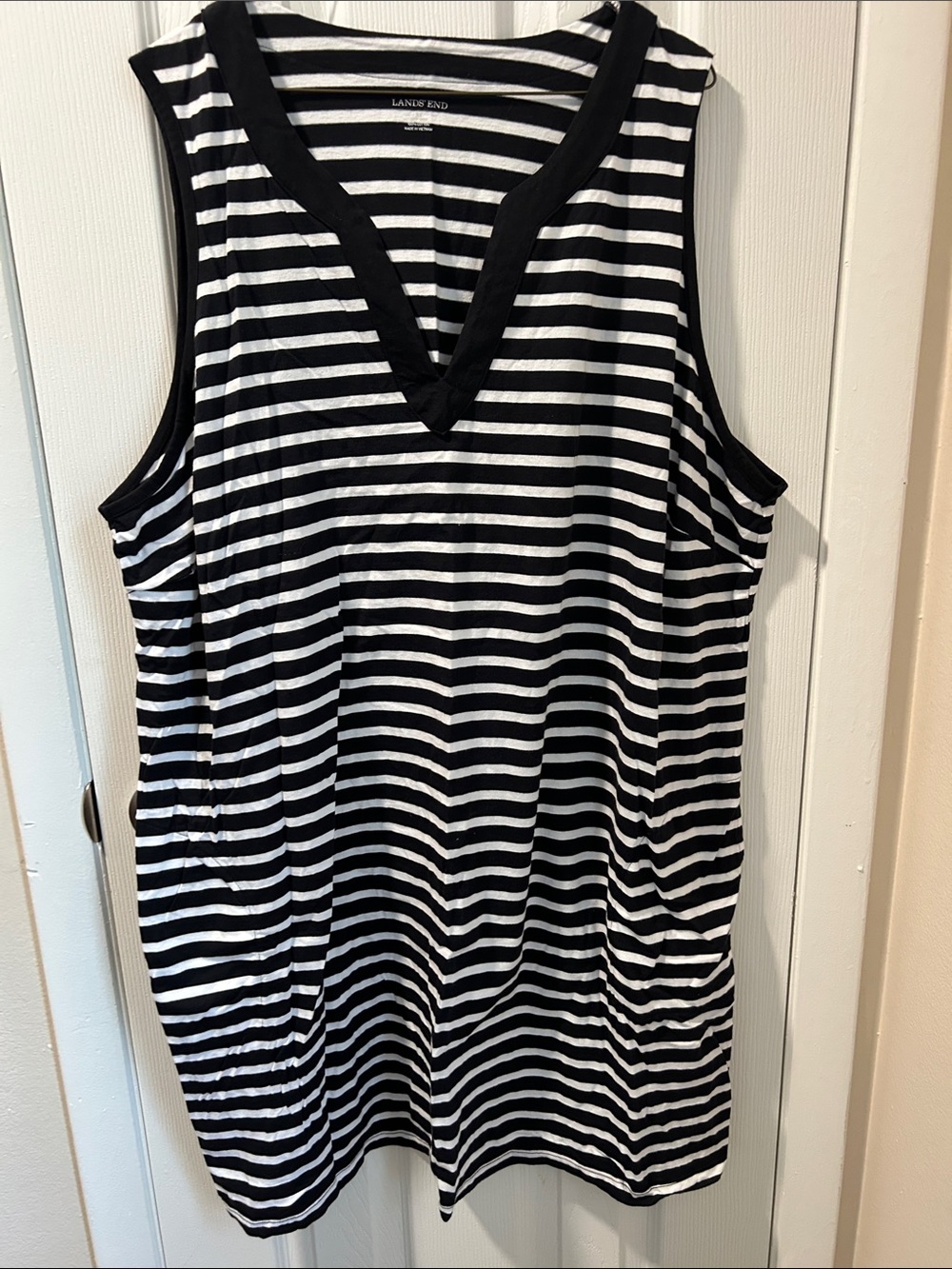 Lands' End Black and White Striped V-Neck Sleeveless swim cover up/ dress.